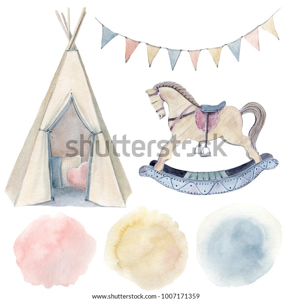 水彩幼児用クリップアート 木製のロッキングホース 水の色 招待状 新生児 グリーティングカードに最適 のイラスト素材