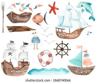 Watercolor children water transport elements: ships, boat, submarine, yacht, sailboat, lighthouse, whale, Dolphin, steering wheel, seagulls, spray