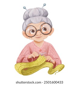 A watercolor children's illustration a grandmother knitting. wears glasses and her hair in a bun. an elderly woman knitting a scarf, for storytelling educational materials or nostalgic-themed designs - Powered by Shutterstock