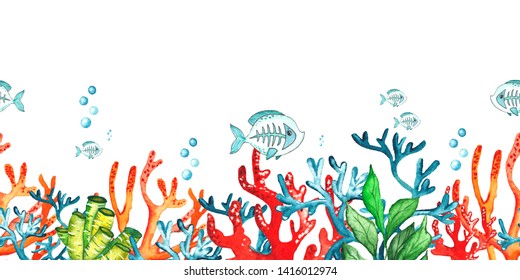 Watercolor Childrens Seamless Borders Underwater Creatures Stock ...