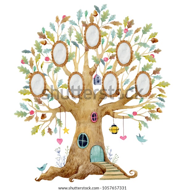 水彩の子どもの木のイラスト ファミリーツリー おとぎ話の木の家 系図 のイラスト素材