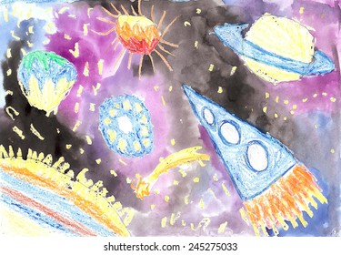 Watercolor Child's Drawing.Flight Of The Rocket In The Universe And The Space Between Planets