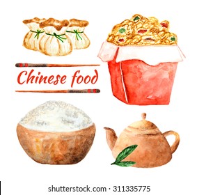 Watercolor Chinese Food Collection Including Noodle In The Box, Bowl With Rice, Kettle With Tea, Dumplings And Chopsticks