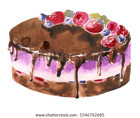 Watercolor chocolate cake with 
berries on a white background