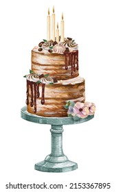 Watercolor Chocolate Cake. Valentines Day Dessert Sweets. Wedding Cake Decorating By Flowers And With Chocolate Crumbs