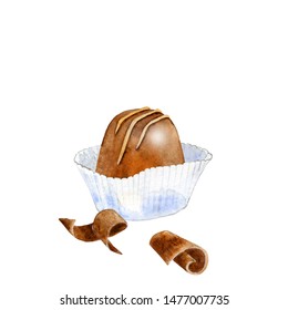 Watercolor Chocolate Praline In A Paper Cup With Chunks. Watercolor Illustration Of Confection. Hand Drawn Candy For Menu, Recipe, Label, Packaging Design. Traditional Belgium Filled Chocolate.