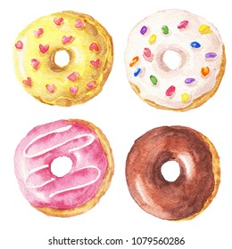 Watercolor chocolate, strawberry pink, vanilla and yellow donuts set, hand drawn delicious food illustration, yummy sketch  isolated on white background.