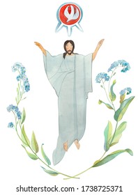 
Watercolor Christian postcard Jesus Christ and the Holy Spirit in the form of a dove. Holy Trinity Day, Pentecost, Trinity. Ascension of Christ. Catholic postcard. Orthodox illustration. Religious