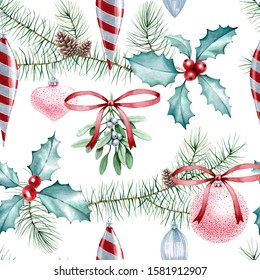 Watercolor Christmas Background. Holly Snd Berries Christmas Wallpaper. Winter Greenery Leaves Seamless Pattern.