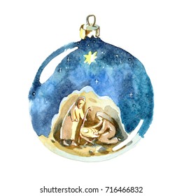 Watercolor Christmas ball  Christmas decorations   Holy family  Joseph  Mary   newborn Jesus drawing in Christmas ball 