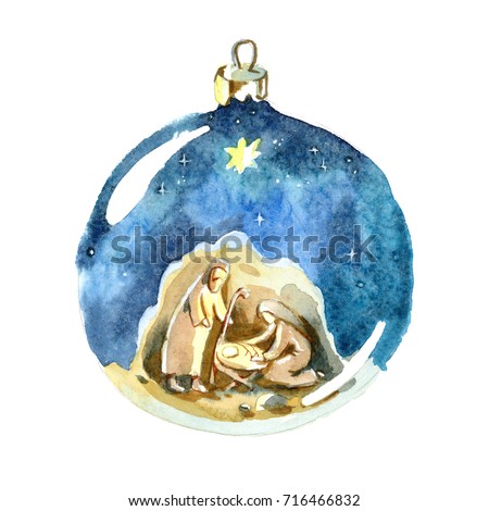 Watercolor Christmas ball. Christmas decorations.  Holy family, Joseph, Mary and newborn Jesus drawing in Christmas ball.