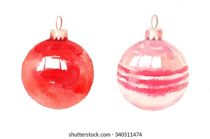 Watercolor Christmas Ball Ornaments Red Pink Decoration Hand Painted Illustration Set Isolated On White Background