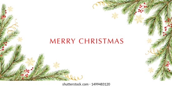 Watercolor Christmas banner with green pine branches and place for text. Holiday decoration for greeting cards, poster template and invitations isolated on white background.