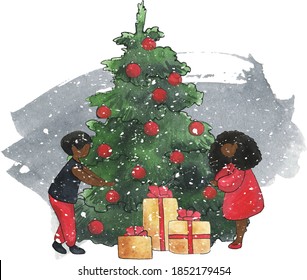 Watercolor Christmas Black Family Illustrations Clipart, Christmas Cards, Happy African People, Interior Scene Clip Art, Afro Family, Man And Woman, Father, Mother, Son, Daughter, Christmas Greetings