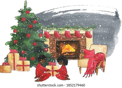 Watercolor Christmas Black Family Illustrations Clipart Stock ...