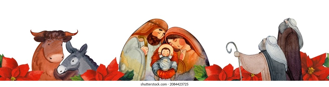 Watercolor Christmas border with a Nativity scene: Joseph,Mary, Jesus in a manger, a donkey and an ox, angels on a Bethlehem night and a border of Poinsettia flowers.  Christmas decorations for prints - Powered by Shutterstock