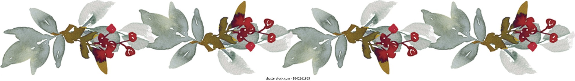 Watercolor Christmas border.  Red berries isolated on white background. Loose style.