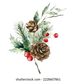 Watercolor Christmas bouquet of branches with leaves, pine cone and red berries. Hand painted holiday composition of plants isolated on white background. Illustration for design, print, background. - Powered by Shutterstock