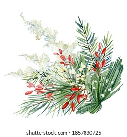 Watercolor Christmas Bouquet With Fir Branches, Leaves, Wild Floral, Pampas Grass. Winter Greenery Banner  For Christmas Card, Greeting Card, Bridal Card, Wedding Invintation, Baby Shower.