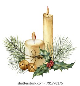 Watercolor Christmas Candle With Holiday Decor. Hand Painted Candle, Holly, Christmas Tree Branch And Bell Isolated On White Background. Christmas Botanical Clip Art For Design Or Print. Holiday Card