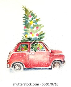 Watercolor christmas car illustration