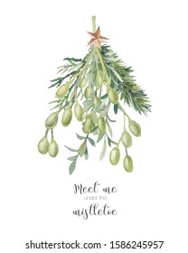 Watercolor Christmas card. Hand drawn botanical elements isolated on white background. Branches with berries, spruce, mistletoe for greeting design