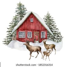Watercolor Christmas card with red house and deers in winter forest. Hand painted illustration with fir trees and snow isolated on white background. Holiday card for design, print, fabric, background.