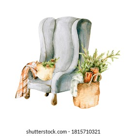 Watercolor Christmas Clipart. Hand Painted New Year Chair With Plaid, Basket, Christmas Tree, Garland. Merry Christmas. Vintage Illustration For Design, Print Or Background