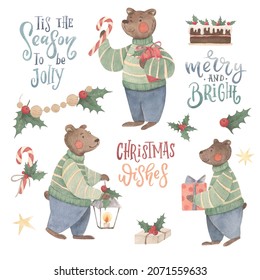 Watercolor Christmas Clipart Set: Cute Bears, Lettering And Cozy Christmas Elements