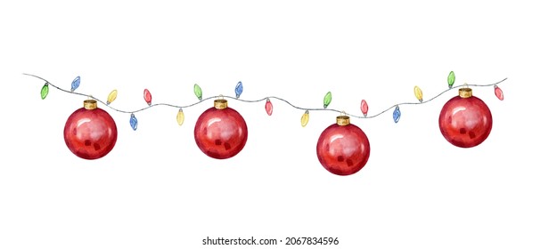 Watercolor Christmas colorful garland with red balls, lights and fir branches. Illustration for greeting cards and invitations isolated on white background. - Powered by Shutterstock