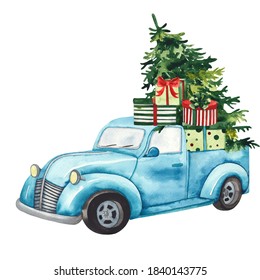 Watercolor Christmas Composition With Blue Pickup, Christmas Tree, Gifts, Santa, Christmas Truck
