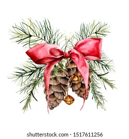 Watercolor Christmas composition with cones and red ribbon. Hand painted traditional gold bells with christmas tree branches isolated on white background. Holiday print for design or background
