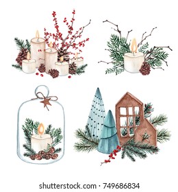 Watercolor Christmas Composition Christmas Decorations Candles Stock ...