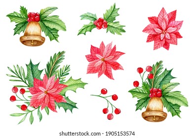 Watercolor Christmas Compositions With Poinsettia Flowers And Jingle Bells. Hand Drawn Elements Isolated On White Background