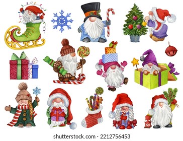 Watercolor Christmas Cute Gnomes Illustration. Winter, New Year Scene Clipart. Christmas Tree, Santa Gnome, Girl Gnome Art. Christmas Sublimation. Ideal for christmas cards and stickers. - Powered by Shutterstock