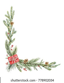Watercolor Christmas decorative corner with fir branches, gifts and cones. Illustration for greeting cards and invitations isolated on white background.