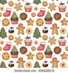 Watercolor Christmas Digital Paper With Cupcakes, Gingerbread Man And Other Cookies. Repeatable Seamless Pattern For Fabric, Textile, Wallpaper, Allover Print, Gift Wrap, Packing And More.