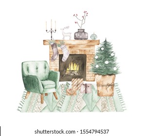 Watercolor Christmas Evening Compositions With Fireplace Chair Xmas Tree Isolated On White Background. Xmas New Year Cosy Winter Holiday Illustration For Greeting Design