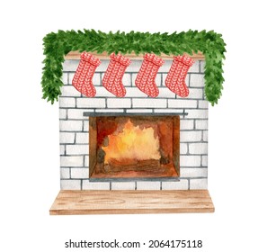 Watercolor Christmas Fireplace Decorated With Red Socks And Fir Garland. Hand Painted White Brick Stone Burning Fire Place With Hanging Stockings Isolated On White Background. Winter Home Interior