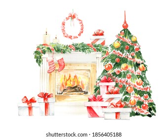 Watercolor christmas fireplace.  Hygge illustration, farmhouse holiday with dog, natural christmas decor, christmas tree, fireplace for greeting cards