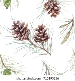  Watercolor Christmas Fir-tree  Pattern With A Cone, Winter Floral Print