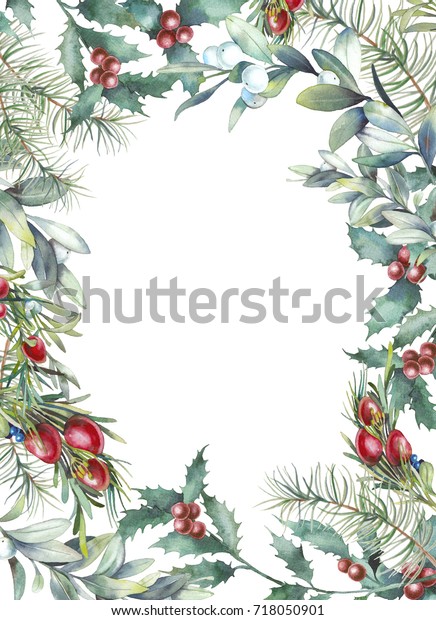 水彩クリスマス花柄のフレーム 植物のデコールを使った植物のグリーティングカードデザイン ヤドリギ ユーカリの葉 柊 ローズマリー トウヒ ベリー 白い背景にホリデーイラスト の イラスト素材