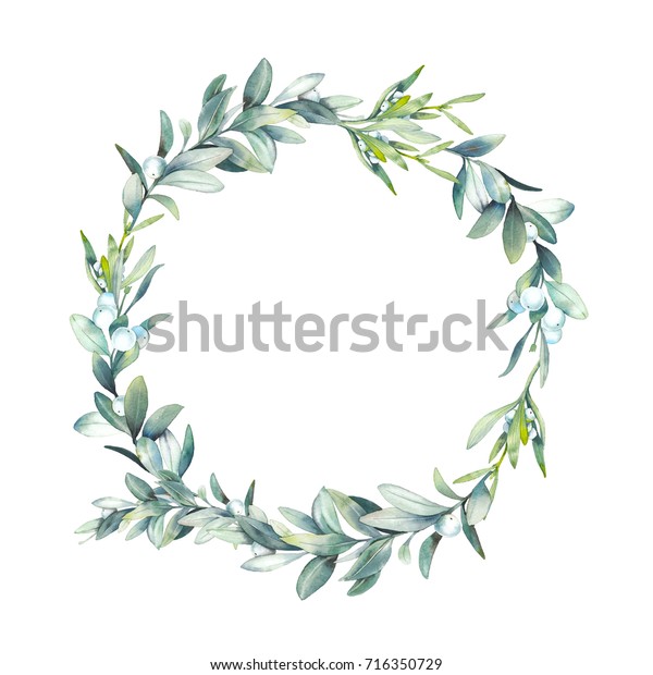 水彩クリスマス花輪 植物のデコールを持つ植物の枠 ヤドリギ ユーカリの葉と白いベリー 白い背景にホリデーイラスト のイラスト素材