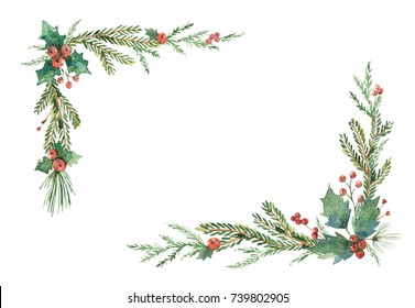 Watercolor Christmas frame with fir branches and place for text. Illustration for greeting cards and invitations isolated on white background.