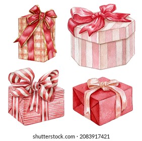 Watercolor Christmas Gift Box ,Winter Holiday Elements, New Year Present Box Collection,Xmas Present, Valentines Pink And Red Gift Box, Isolated On White Background
