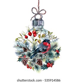 Watercolor Christmas Glass Ball Made of Made of Coniferous Branches, Pine Cones, Hawthorn, Holly Berry and Mistletoe, Bullfinches on Jute Rope. Holiday Decoration Print Design Template. Vintage Style.