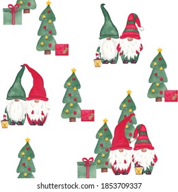 Watercolor christmas gnome seamless pattern Scandinavian gnomes with gifts, lanterns, tree on white background For design fabric, textile, packaging, wrapping paper, invitation, greeting cards