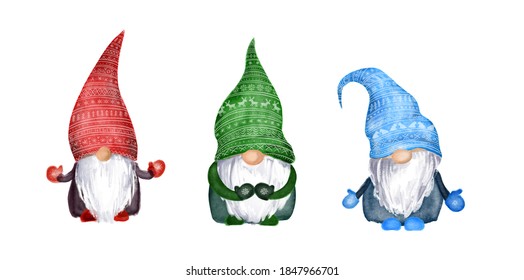 Watercolor Christmas Gnomes Family In Hats With Scandinavian Ornament. Set Of Nordic Magic Dwarfs