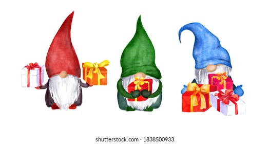 Watercolor Christmas Gnomes Set With Present Gift Boxes. Family Of Nordic Magical Dwarfs 