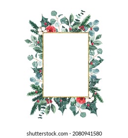 Watercolor christmas golden frame with fir branches, cotton, leaves isolated on white background. Botanical winter greenery holiday illustration for wedding invitation card design